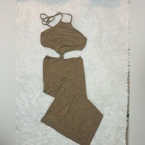 Summer Maxi Dress cutout sides halter.  Color shimmery gold and brown. Size M